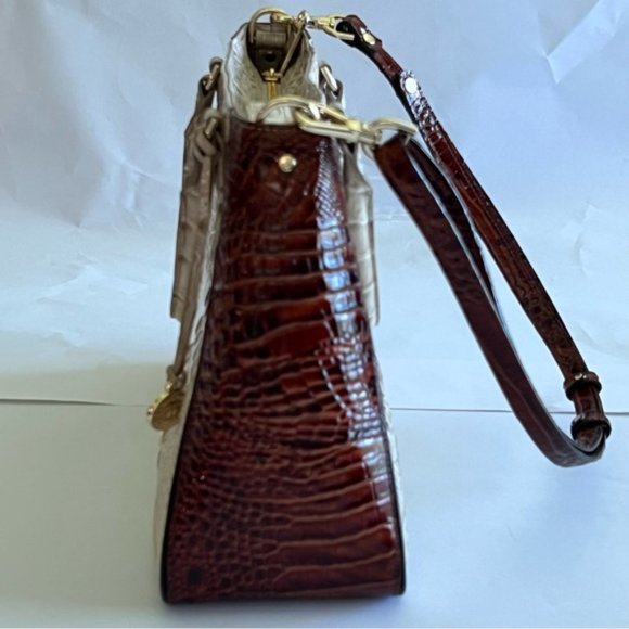 Brahmin Ivory Croc-Embossed Satchel with Brown Trim - Picture 3 of 9